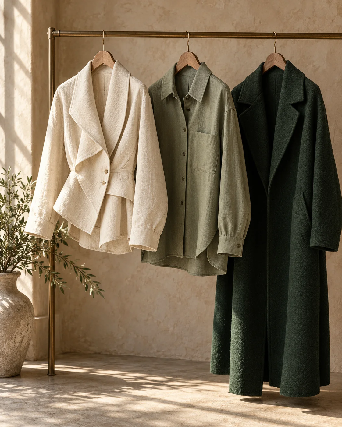 Concept collection of ivory, sage and forest green garments