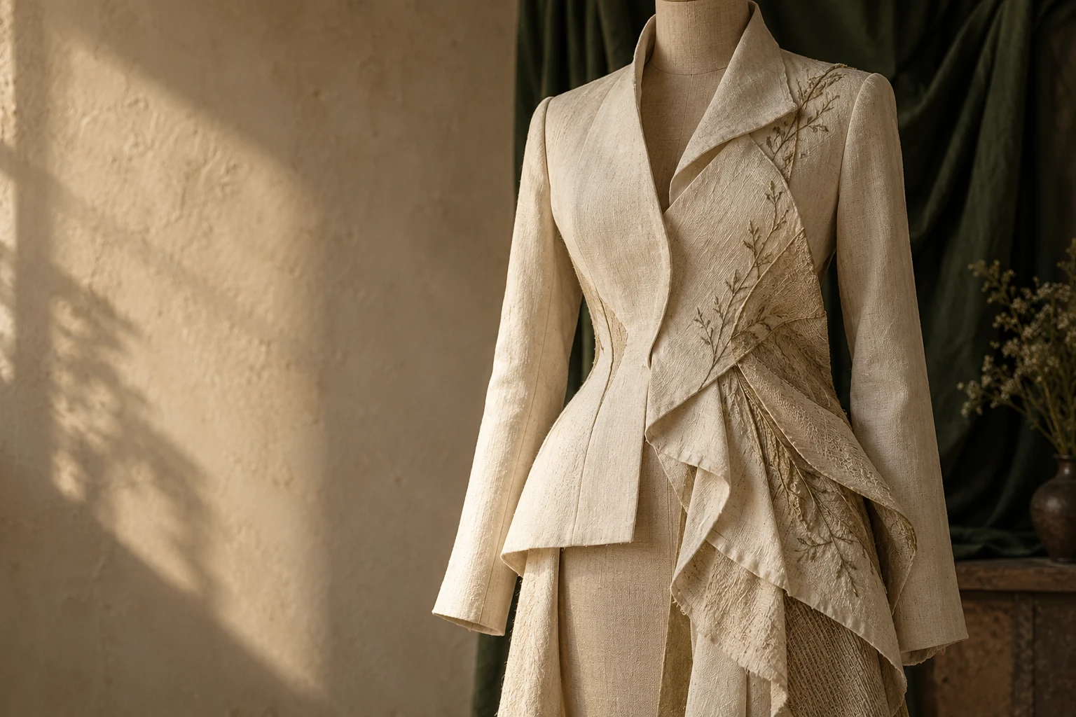 Concept ivory jacket with layered linen and botanical embroidery